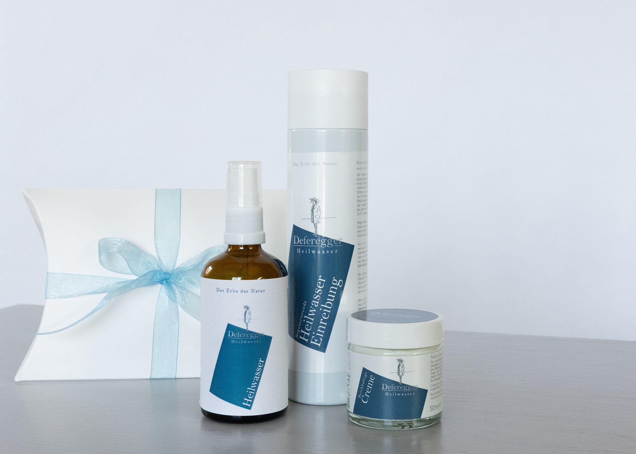 Geschenkebox „Pumperlgsund“: Regenerierende Einreibung, Reichhaltige Creme, Heilwasser Spray 